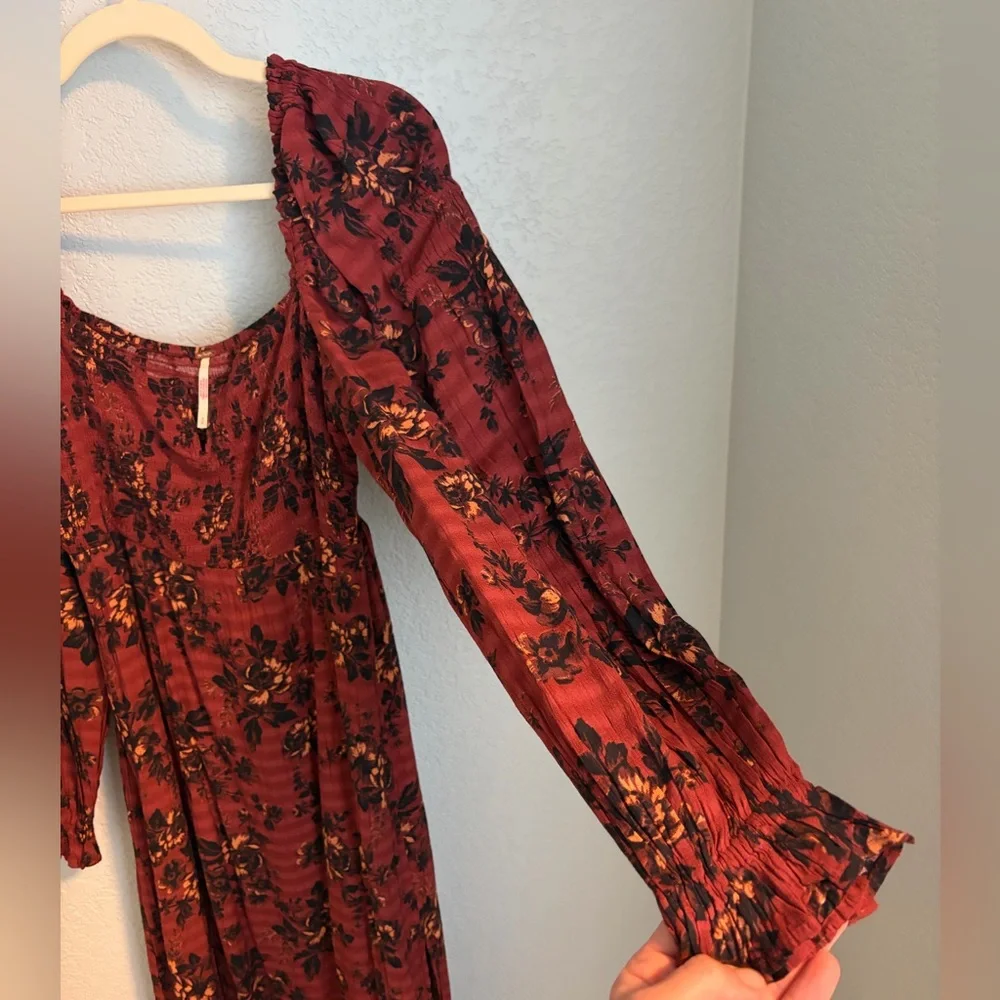 Free People Smocked Floral Midi Dress Rust Red Boho Long Sleeve Size S - Picture 6 of 8